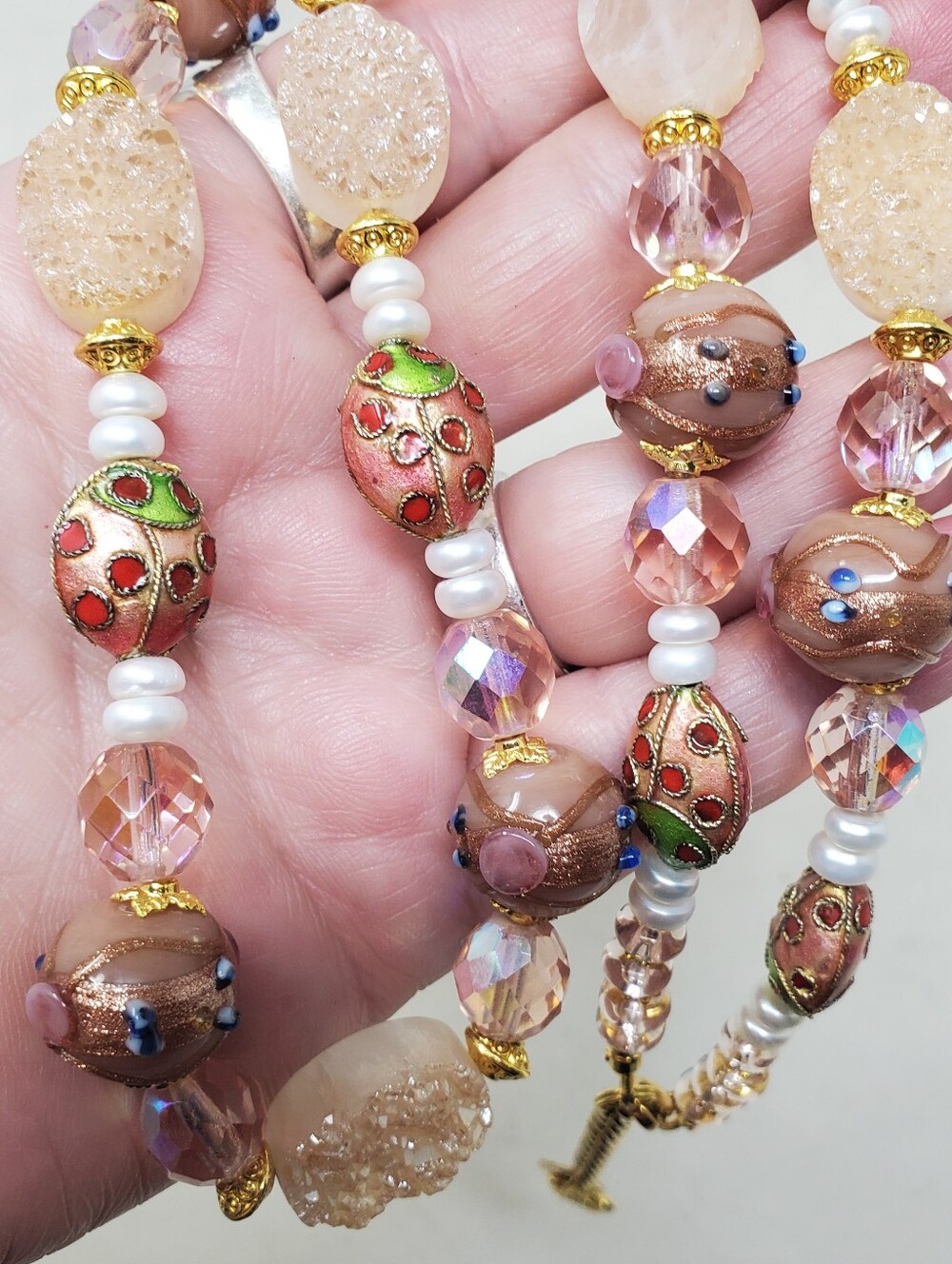 PINK & GREEN CLOISONNE DRUZY LADYBUG NECKLACE - Picture 2 of 8